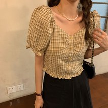 여자루즈핏남방 스퀘어넥 체크 상의 여성 페플럼 숏 여름 작은 키 클래식 인형 반팔셔츠 x2개 2080343727