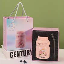 귀여운 고양이 곰돌이 빨대컵 선물용 개업 선물 기념품 유치원 초등학교 답례품 축제, FREE, 복숭아세라믹컵+실리콘뚜껑+유리빨대500ml컵