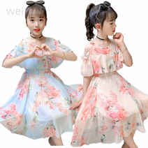 weihan여아 오픈숄더 쉬폰 꽃무늬 원피스 여름비치원피스 공주드레스