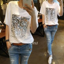 오르난 여성 여름 루즈핏 스팽글 반팔 라운드 티셔츠 549016541005