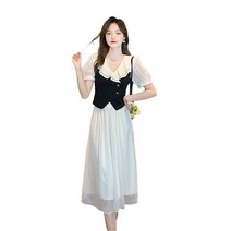 프릴 칼라 반팔 쉬폰 스커트 투피스 프렌치 우아 끈 조끼 레이어링 원피스 슬림 반소매 패션 슈트 안감있고 부드러운 치마 여름 여성 네크 프릴 블랙 나시 베스트 미디엄 투피스 스커트