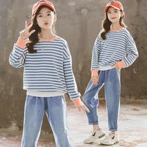 베비포 여아용 배색 롤업 청바지 상하복 세트 YJ6
