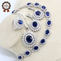 천연 블루 사파이어 토파즈 화이트 지르콘 실버 925 쥬얼리 세트 여성 파티 귀걸이 펜던트 목걸이 반지 팔찌|Jewelry Sets|