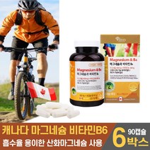 캐나다 직구 마그넴슘 마그네숨 영양제 흡수율 용이한 산화마그네슘 비타민B6 비타민비6 여성 남성 청소년 수험생 직장인 주부 노인 온가족, 6개, 90캡슐