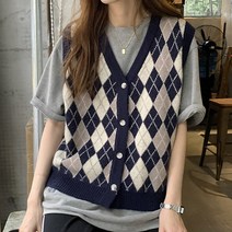 쇼룸 여성니트조끼 아가일 버튼 니트베스트