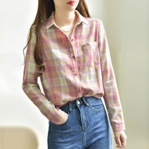HULULU 여성 캐주얼 산뜻 체크 얇은 긴팔 셔츠