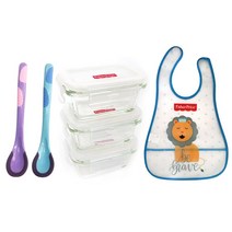 피셔프라이스 온도감지 이유스푼 2p + 유리 밀폐 이유식 용기 3p + 이유식 동물 턱받이, 하트사자(턱받이), 1세트
