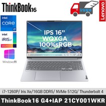 [레노버]ThinkBook 16 G4+ IAP 21CY001WKR i7-1260P/Iris Xe/WQXGA/100%sRGB/IPS/DDR5/Win11 HOME, WIN11 Home, 16GB, 512GB, 코어i7, 그레이