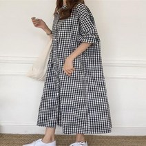 맘등원룩 문센 워마일룩 집 청담동 며느리 꾸안꾸 여름 여성 코 튼 린 넨 드레스 패션 격자 무늬 옷 깃 셔츠 긴 느슨한 캐주얼