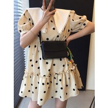 [한손에요] 여성 인형 칼라 대비 색 폴카 도트 드레스 여름 나이 감소 퍼프 슬리브 디자인 루스 미니 드레스 Vestidos
