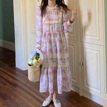 여성 편안한 꽃무늬 쉬폰 롱원피스 긴팔 루즈핏 레이스 원피스 롱스커트