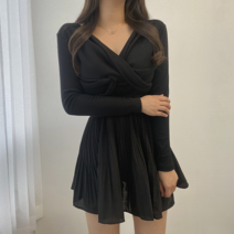 VANANA2 국내제작 브이넥 오프숄더 셔링 꼬임 긴팔 티셔츠