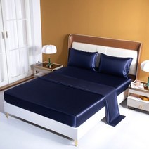레이온 침대 시트 세트 장착 높이 35cm 퀸 킹 플랫 단색 침구 세트, Dark blue
