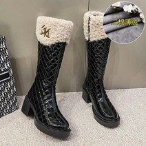 라오농 블랙 라운드 헤드 특허 가죽 하이힐 부츠 가을과 겨울에 여성 부츠와 벨벳 가죽 방수 테이블 두꺼운 힐 부츠 KC3X +11feBG6w