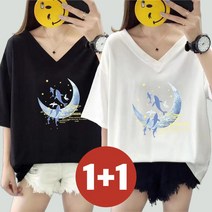 [M-5XL] 1+1 티셔츠 반팔 여성 여름 면100% 순면 브이넥 캐릭터 나염티 프린트티 영문티 루즈핏 미디티 박스티 편한 보송 빅사이즈 반팔티 상의 캐주얼 패션 데일리