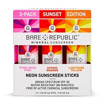 Bare Republic Mineral Sunscreen and Sunblock Neon Stick with Zinc Oxide Broad Spectrum SPF 50 Sunset 3 Pack 각 0.3 Oz