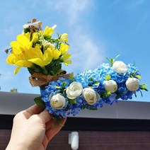 플로랄벨로 노란후리지아 꽃다발 파란수국 납골당ㄱ자 리스
