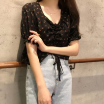 데이홀릭 3084-1 여성 리틀로즈 플라워 셔링끈 발팔 블라우스