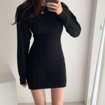 나라라오리 가을 겨울 꽈배기 라운드넥 뒷트임 슬림 미니 니트 원피스