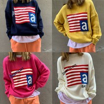 유니크 루즈핏 비비드 컬러 로고 영문 레터링 자수 울 니트/핑크 옐로우 아이보리 네이비