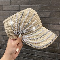 햇빛가리개 앞유리덮개 차량샤이닝 다이아몬드 진주 태양 모자 여성용 빈 탑 바이저 블링 레이디 캡 캐주얼, 05 Beige_01 M