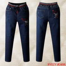 니키진 여성 겨울 기모 캐릭터 빅사이즈 밴딩 청바지 배기진 HH0737