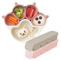 퍼기 냥냥 흡착 식판1P+이중 밀폐 이유식 큐브 4구 2P, 세트, 드라이로즈+(웜그레이+파스텔핑크)