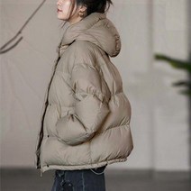 DFMEI 화이트 오리털 패딩 여 숏 스타일리쉬 슬림 기모 후드 코트 루즈핏 퓨어톤