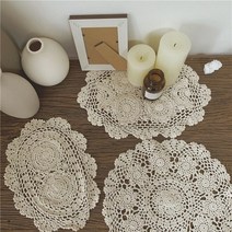 사랑스러운 라운드 손뜨개 크로쉐3종 빈티지 협탁보 레이스 돌상 다용도 캠핑 홈카페 피크닉, 원형 L 40X40, 코튼 화이트