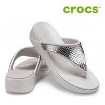 크록스 웨지 샌들 42- 206303-0GO Womens Crocs Monterey Metallic Wedge Flip Silver Platinum