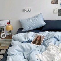 자취생 인스타 감성 투톤 침구 커버 풀세트 4종 레트로 빈티지 네이비 단색 이불 간절기 사계절