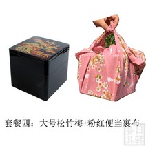3단 사각 찬합 피크닉 스타일 사쿠라 소풍 스시 초밥 회 도시락 보자기 포함 일본, F.라지 송죽매+분홍도시락 소포