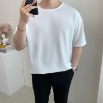 남자 목안늘어나는 반팔 구김없는 어깨넓어보이는 오버핏 분또 여름 무지 보트넥 면 티셔츠