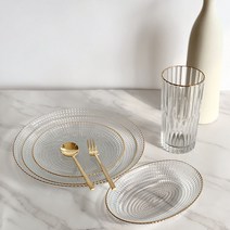골드 다이아 투명 유리 접시 파스타 볼 샐러드 보울 브런치 그릇 세트, 4) L 샐러드볼 원형 (22cm)
