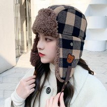 은창]빈티치 체크 베어 뽀글이 귀도리 모자 귀마개 군밤 털모자 보온 가을 겨울 겨울모자 여성 군밤모자 방