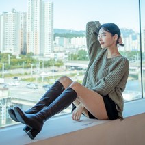 리카멜 슬림핏 가죽/스웨이드 스판 롱부츠 5.5cm
