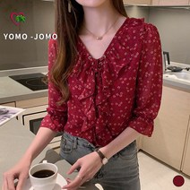 여성 브이넥 플라워 레드 프릴 쉬폰 7부 블라우스 YJS457