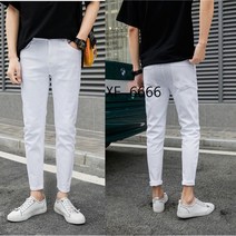 KORELAN 흰색 청바지 남성 트렌드 꽉 끼는 청소년 연필 바지 찢어진 작은 발 바지 남성 캐주얼 남성 바지의 한국어 버전