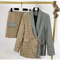 코코제이2 [코코 플리마켓 30%] 하프앤하프 체크 자켓 허리 리본 재킷 루즈핏 오버사이즈 체형커버 데일리 오피스 정장