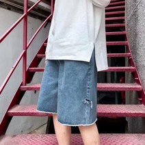 오버사이즈 복고 데님 반바지 남성 여름 트렌드 만능 캐주얼 스트레이트 아우터 5점 와이드 핏 팬츠