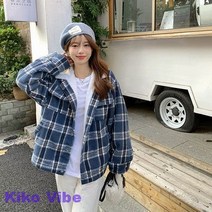 Kiko Vibe겨울 네이비 체크 카라 루즈핏 여성 코트