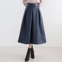 레자레더인조가죽 허리밴딩 A라인플리츠플레어미디롱스커트