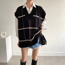 여자니트조끼 빅사각체크니트베스트