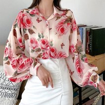 포린박스 핑크 장미 꽃무늬 쉬폰 얇은 셔츠 블라우스 SH