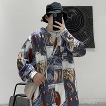 와이케이하우스 남성 셔츠 깡패 조폭 건달 패션 프린트 남성 긴팔 셔츠 캐주얼 루즈핏 터틀넥 에스닉 셔츠