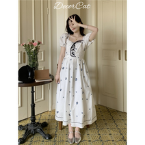 자수 잔꽃 원피스 여름 조임 롱 원피스