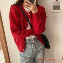 가을과 겨울 둥근 목 단색 긴 소매 카디건 스웨터 짧은 느슨한 스웨터 재킷 여성 의류