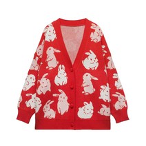 봄옷 토끼해 본명 연홍색 스웨터 헐렁헐렁 V넥 동물 도안 니트 외투 9598503