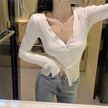 여자 봄 여름 디프 깊은 V넥 긴소매 골지 가디건