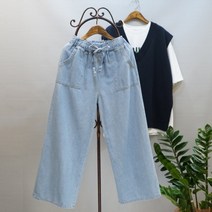 사라7351 여성용 부드러운 데님 밴딩 통청바지 (9부)